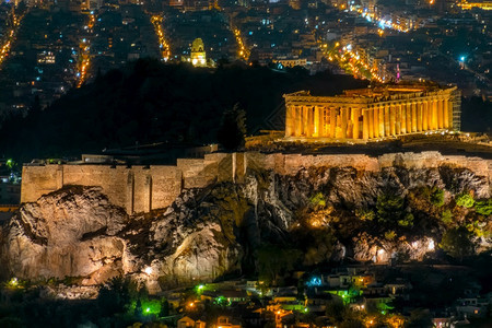 希腊雅典夏季夜城市灯和光雅典和帕台农夜光神庙纪念碑建筑学图片