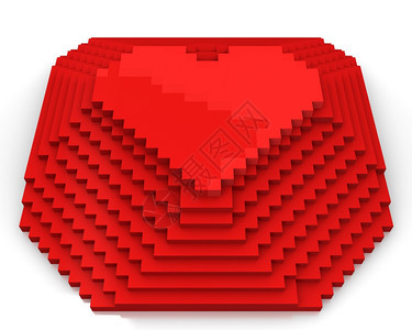 热情心脏顶部是红立方像素的金字塔由白背景前视和色背景隔离的红立方象素组成恋人快乐的图片