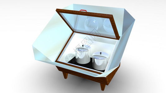 干净的盒子式太阳能炊具装有开口玻璃盖子和金属反射器内装两锅3D白色底面的2个罐子说明太阳能箱炉灶带开口玻璃盖子和3D白色底面的金图片