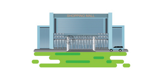 时尚买商业购物中心建筑在白色背景上孤立的商用购物中心对现代购物中心建筑外部矢量插图进行介绍对现代购物中心建筑外部矢量说明商业的图片