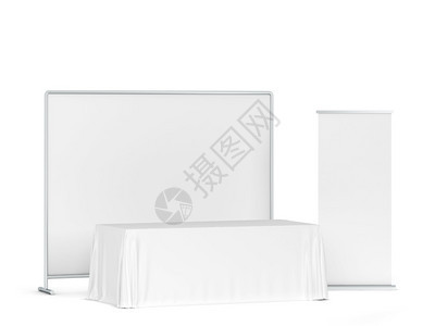 贸易展览会品牌推广晋升白色背景上孤立的三张插图解纸布横幅一旁的空白交易桌布图片