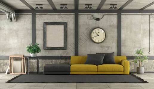 锅装有水泥墙和铁元素的阁楼中黑沙和黄发3D制成现代黄色和黑沙发在阁楼中极简主义者长椅图片