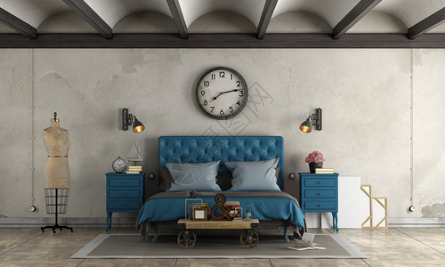 软垫家具工业式的床房卧室蓝色双床和反转物3D光束图片