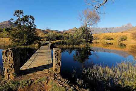蓝色的非洲南皇家纳塔尔国公园Drakensberg山脉背景下的风池南非Natal公园天图片