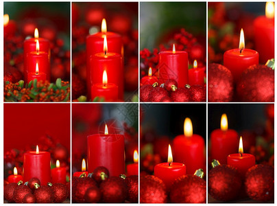 冬天辉光红圣诞蜡烛和装饰品在模糊的背面装饰图片