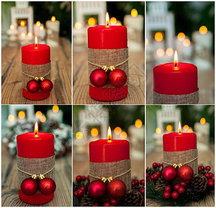 礼物颜色红圣诞蜡烛和装饰品在模糊的背面金子图片