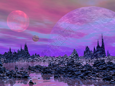 丰富多彩的具有岩石山水和行星的紫色地貌图片