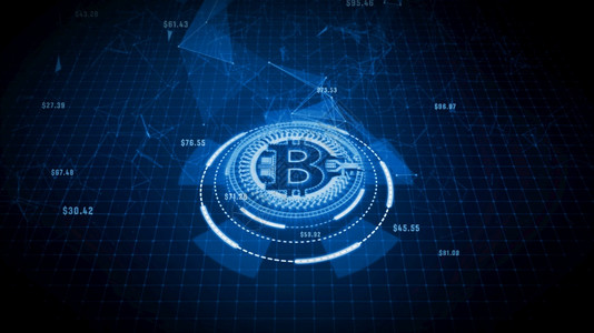 虚拟的数字网络空间中的比特币货符号商业和技术网络概念Bitcoin货币标志交换图片