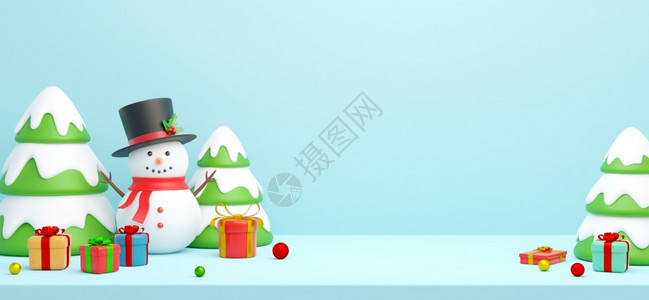 圣诞横旗明信片雪人与圣诞树和礼物的雪人3D插图鹿卡片装饰图片