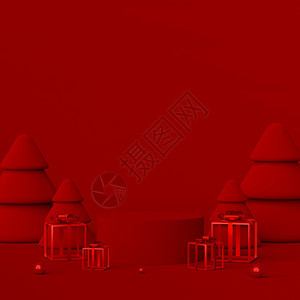 问候雪橇装饰圣诞快乐和新年红色讲台的场景和圣诞礼物三幅插图图片