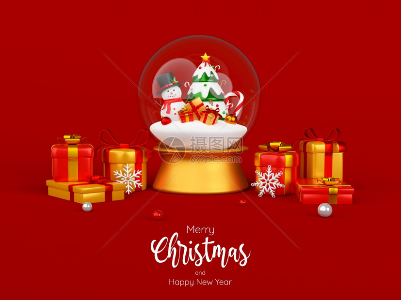 假期圣诞老人雪球中的圣诞礼物3D插图松树图片