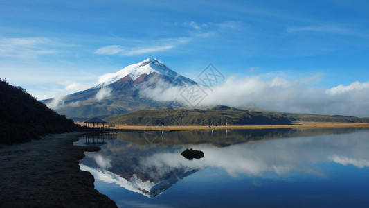 国民美在多云的清晨厄瓜多尔反映于Limpiopopungo环礁湖水中的科托帕西火山雪图片