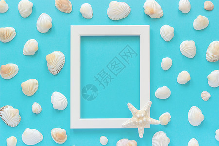 海滨蓝色背景和贝壳上带有海星的白框空纸图片
