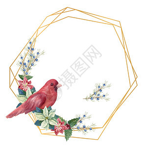 金色几何框架包括冬季dcor和红鸟水彩圣诞插图金色几何框架冬季dcr和红鸟水彩画圣诞节插图红色的优雅树图片