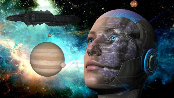 渲染Cyborg女拥有行星空间飞船和背景的人类体Cyborg女脸深的图片