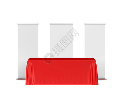 桌子空的白色背景上孤立的三张插图纸旁挂着滚动横幅的空白交易桌布扔图片