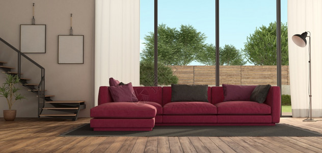 现代客厅有紫色沙发楼梯和大窗户3D为现代客厅有紫色沙发和楼梯长椅硬木软垫图片