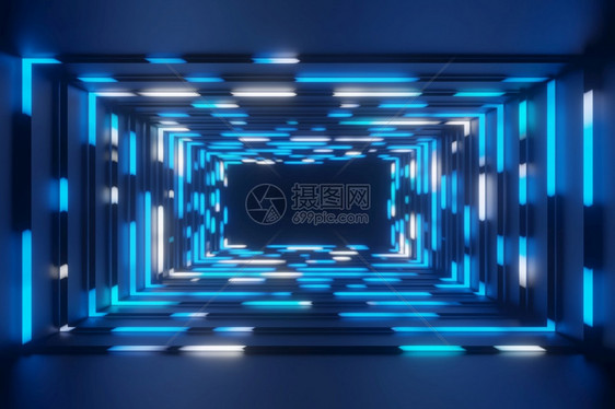 边界灯抽象动画霓虹蓝框隧道背景3d渲染抽象动画霓虹蓝框隧道背景3d渲染复古的图片