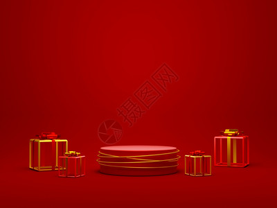 树冬天松带有礼品盒的几何讲台圣诞主题3D插图图片