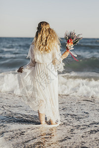可爱胖胖火鸡站在海边的新娘背景