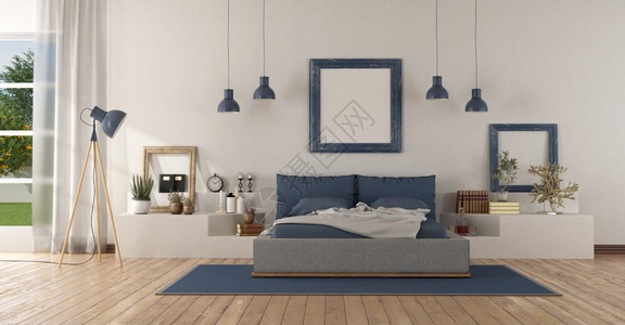 双倍的地面现代白色和蓝主卧室用白泥瓦结构的双床3D制成现代白色和蓝主卧室石工图片