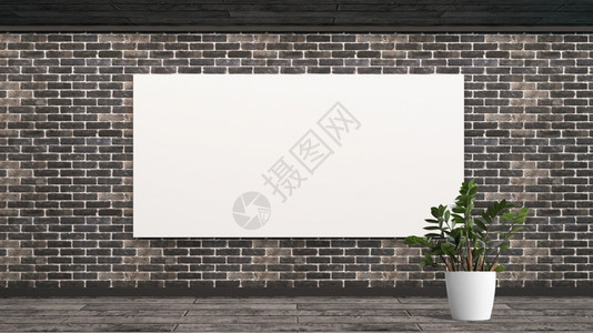 木制的工作室房间斯堪的纳维亚风格样机砖墙空白色海报与框架空墙模型样机砖与斯堪的纳维亚风格花卉植物3d渲染图片