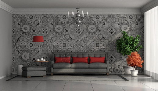 现代的室内植物灯坐在客厅的黑沙发靠着墙壁和反向瓷砖3D使客厅与现代沙发对着墙背景上有反向瓷砖图片
