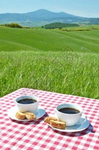 景观比斯科蒂农田与意大利Toscan风景对抗的桌上咖啡和罐头菜图片