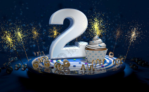 糖果甜点人们带有闪亮蜡烛的2岁生日或周年纪念蛋糕白色大号蓝桌子上有黄深背景充满火花3d插图岁生日或周年纪念蛋糕蓝色桌子上带有图片