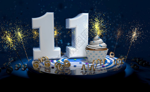星卡片1岁生日或周年纪念带有闪亮蜡烛的杯饼大数量用白纸条蓝色桌上有黄流体黑背景满火花的彩色桌脸3个插图显示第1个生日和周年蛋糕大图片