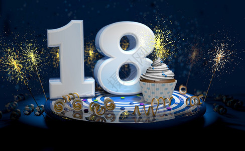 假期闪发光的18岁生日或周年纪念带有闪亮蜡烛的杯饼白纸蛋糕大数量蓝桌上有黄色流体黑背景满火花的彩色桌脸3个插图三十八生日或周年蛋图片