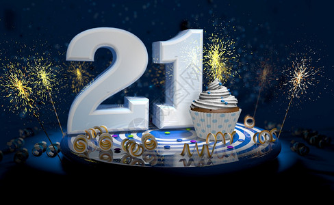 21岁生日或周年纪念带有闪亮蜡烛的杯饼大数量用白纸条蓝色桌上有黄流体黑背景满火花的彩色桌脸3张插图显示21岁生日或周年蛋糕大数字图片
