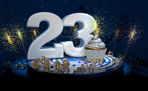 满的飘带庆典23岁生日或周年纪念带有闪亮蜡烛的杯饼大数量用白纸条蓝色桌上有黄流体黑背景满火花的彩蛋3D插图2生日或周年蛋糕大数字图片