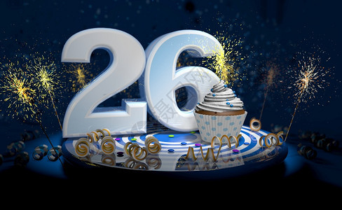 人们带闪发光的蜡烛26岁生日或周年纪念蛋糕白色大号蓝桌子上有黄彩带深背景充满火花3d插图岁生日或周年纪念蛋糕深色背景充满火花3d图片