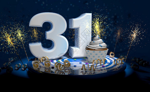 31日岁生或周年纪念蛋糕带有闪亮的蜡烛白色大号蓝桌子上有黄深背景充满火花3d插图1岁生日或周年纪念蛋糕深色背景充满火花3d插图片