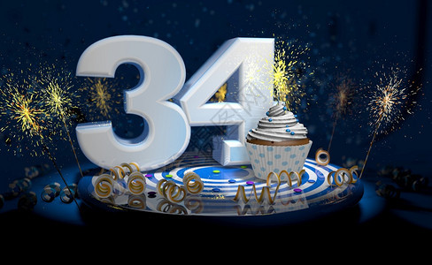 蓝色的34岁生日或周年纪念蛋糕带有闪亮的蜡烛白色大号蓝桌子上有黄深背景充满火花3d插图4岁生日或周年纪念蛋糕深色背景充满火花图片