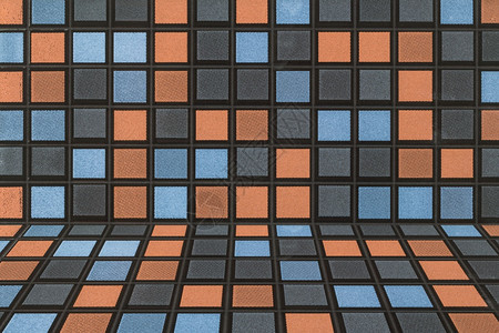 平方线条黑色的蓝灰和橙摩西砖块抽象背景和纹理图片