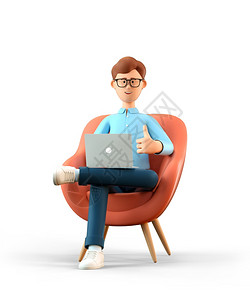卡通片3D插图微笑的男子坐在扶椅上手持笔记本电脑展示手势冷酷举起拇指牌的卡通商人在办公室工作使用社交网络孤立在白色上特点互联网图片