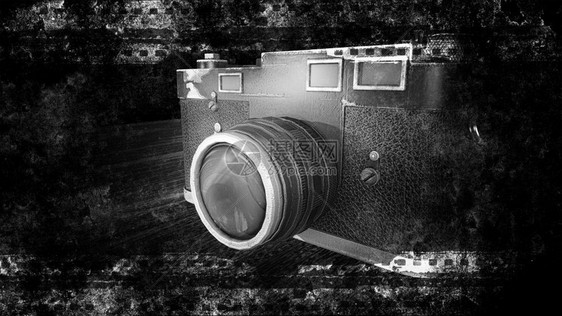 插图皮革黑色背景上的老式照片相机与胶黑色背景上的老式相机与胶片3d渲染垃圾摇滚图片
