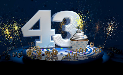四十三岁生日或周年纪念带有闪亮蜡烛的杯饼43岁生日或纪念大数量用白纸条蓝色桌上有黄流体黑色背景满是火花3D插图4岁生日或周年蛋糕图片