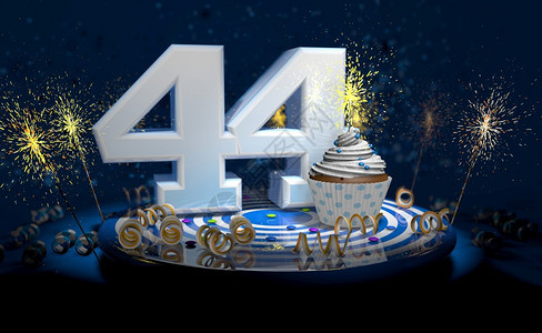 蛇纹石带有闪亮蜡烛的4岁生日或周年纪念蛋糕白色大号蓝桌子上有黄彩带深背景充满火花3d插图岁生日或周年纪念蛋糕深色背景充满火花3d图片