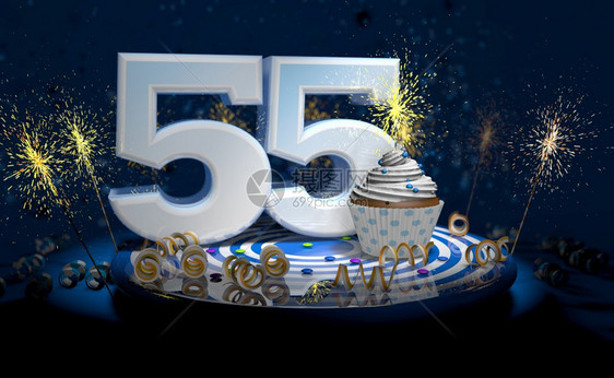 人们带有闪亮蜡烛的5岁生日或周年纪念蛋糕白色大号蓝桌子上有黄彩带深背景充满火花3d插图岁生日或周年纪念蛋糕深色背景充满火花3d插图片