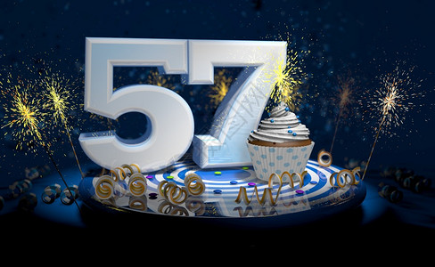 闪发光的火焰或者57岁生日或周年纪念纸杯蛋糕白色大号蓝桌子上有黄彩带深背景充满火花3d插图57岁生日或周年纪念蛋糕深色背景充满火图片