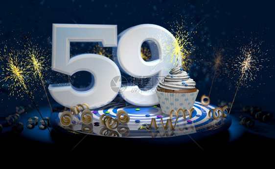 装饰五十九岁生日或周年纪念带有闪亮蜡烛的杯饼大数量用白纸条蓝色桌上有黄流体黑背景满火花的彩蛋三张图示五十九岁生日或周年蛋糕大数量图片