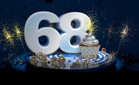 68岁生日或周年纪念蛋糕白色大号蓝桌子上有黄彩带深背景充满火花3d插图岁生日或周年纪念蛋糕深色背景充满火花3d插图焰食物人们图片