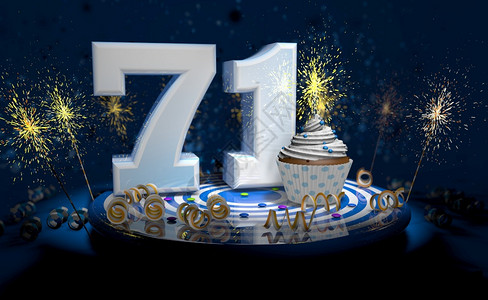 庆典带有闪亮蜡烛的71岁生日或周年纪念蛋糕白色大号蓝桌子上有黄彩带深背景充满火花3d插图岁生日或周年纪念蛋糕深色背景充满火花3d图片