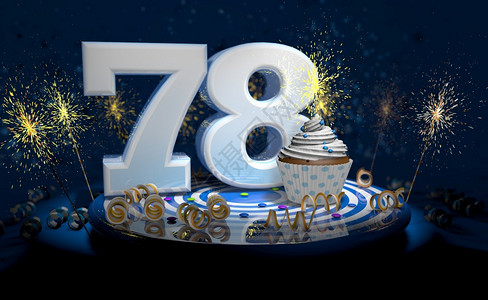 在78岁生日或周年纪念点燃蜡烛的Cupcake蛋糕在78岁生日或周年纪念以闪光蜡烛为纪念日大数量用白色写满字蓝桌边有黄流水器蓝桌图片