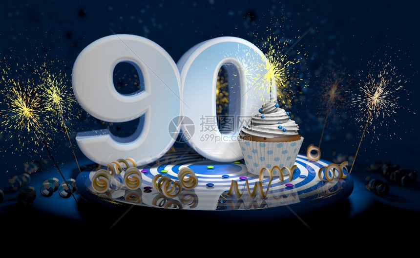 夜晚带有闪发光的蜡烛90岁生日或周年纪念蛋糕白色大号蓝桌子上有黄彩带深背景充满火花3d插图岁生日或周年纪念蛋糕深色背景充满火花3图片