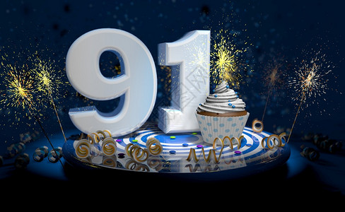 甜点庆祝91岁生日或周年纪念纸杯蛋糕白色大号蓝桌子上有黄彩带深背景充满火花3d插图91岁生日或周年纪念蛋糕深色背景充满火花3d插图片