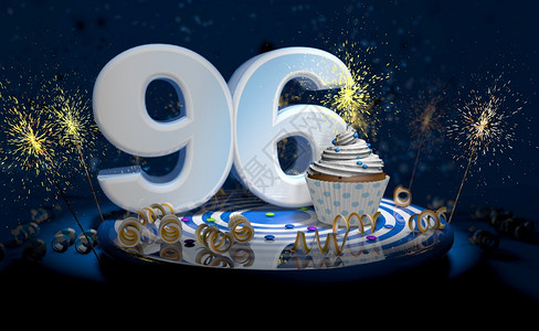蓝色的人们闪发光在96岁生日或周年纪念配上闪亮蜡烛的杯饼在96岁生日或周年纪念使用大量白纸牌在蓝色桌上用大量白数字在蓝桌子上装满图片